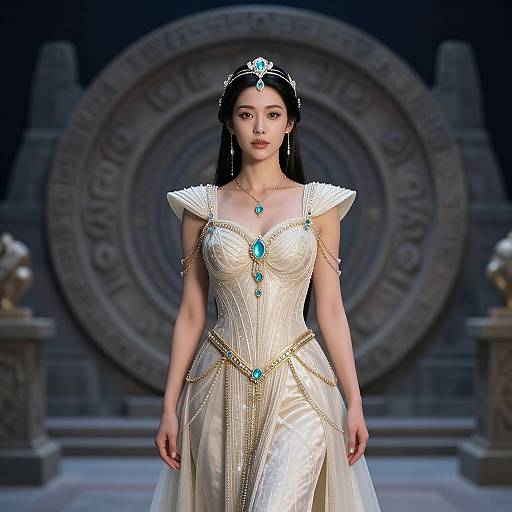 Photograph of an East Asian woman in an elegant, white, beaded gown with turquoise jewelry, standing in front of a circular, stone backdrop,