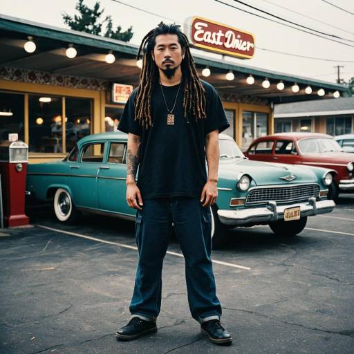 Confident Man with Dreadlocks in Vintage Diner Parking Lot