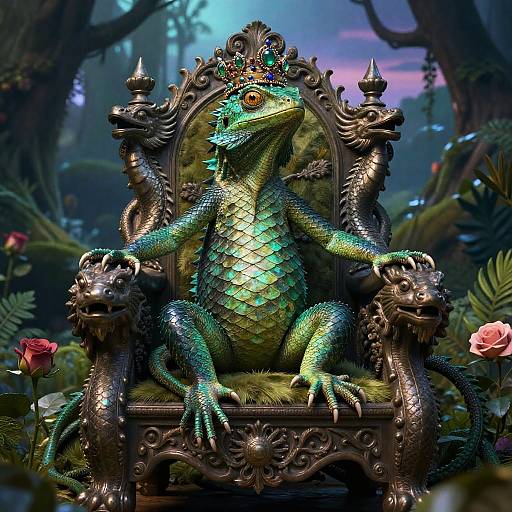 Digital illustration of a green, iridescent-scaled dragon king sitting on an ornate, dark bronze throne, adorned with a crown, set in