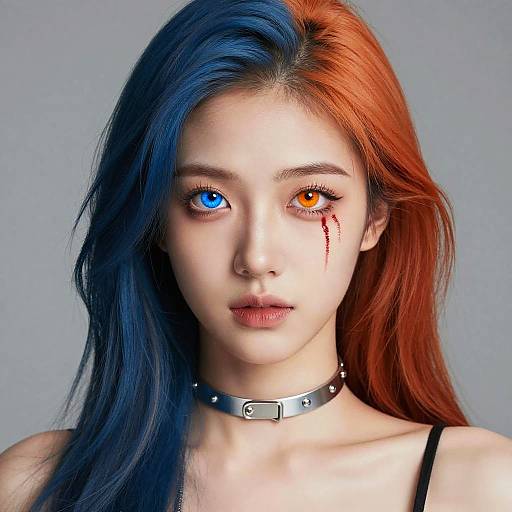Digital portrait of a young Asian woman with half-blue, half-orange hair, blue and orange eyes, black eyeliner, a silver choker, and