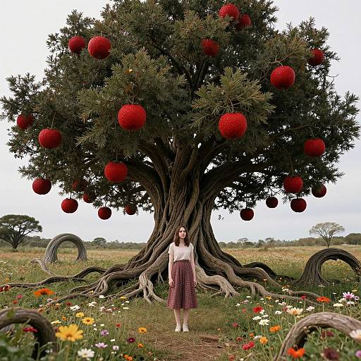 Photograph of a woman with long brown hair, white top, and red skirt, standing before a magical tree with red spherical fruits, surrounded by colorful