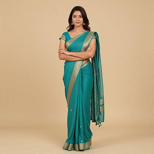 Photograph of a confident Indian woman with dark hair, wearing a teal saree with gold borders, standing against a beige background.