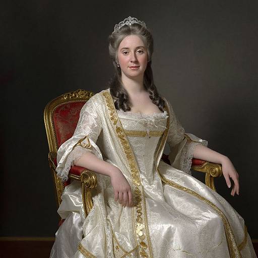 Photograph of a regal, fair-skinned woman with gray hair, wearing an elegant, white, gold-trimmed gown, seated on a