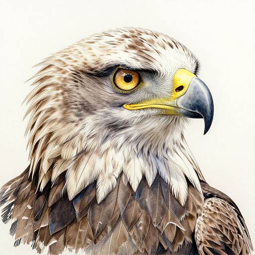 Detailed digital painting of a sharp-eyed bald eagle with yellow beak, intense orange eyes, and textured brown and white feathers against a white background.