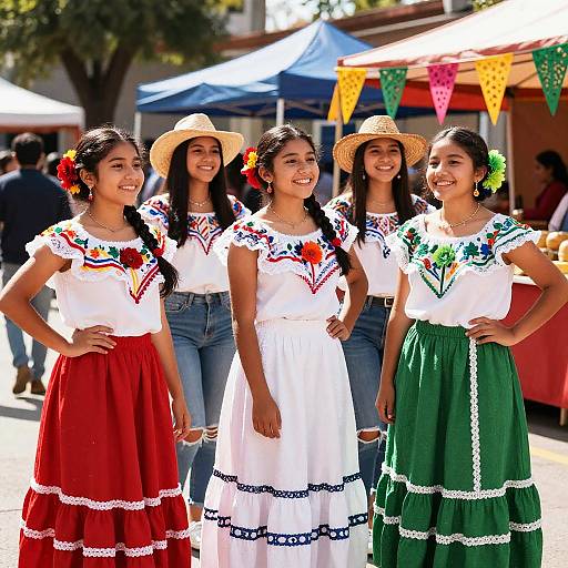 Photograph of four smiling Latina girls in white embroidered tops and colorful skirts, wearing straw hats, standing outdoors at a festive market.