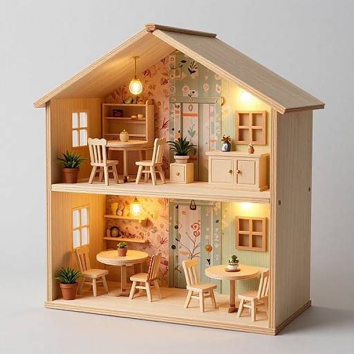 Photograph of a detailed, two-story wooden dollhouse with warm lighting, floral wallpaper, potted plants, wooden furniture, and cozy decor.