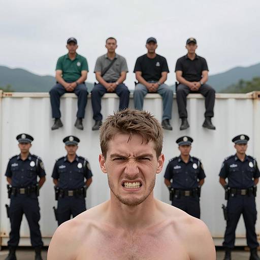 Angry Shirtless Man with Police Officers and Group in Background