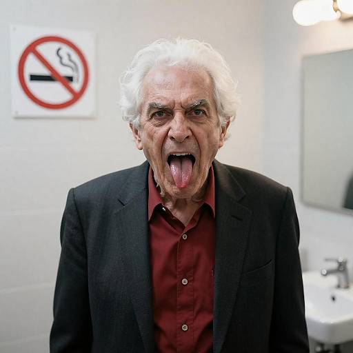 Old Man's Intense Expression in Bathroom