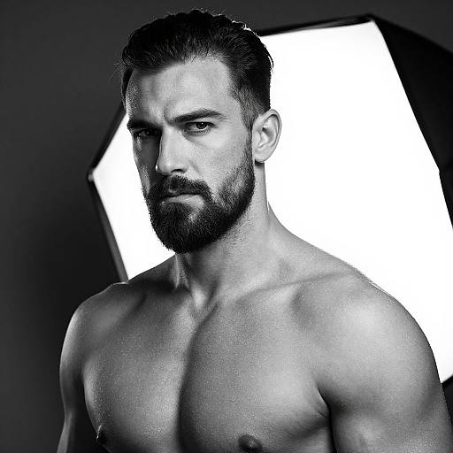 Black-and-white photograph of a muscular, bearded man with short, dark hair, shirtless, against a bright, geometrically shaped background. Int