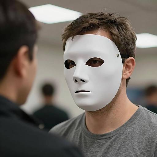Man Wearing White Mask Facing Another Person Indoors