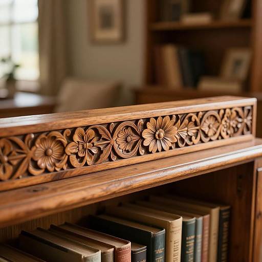 Photograph of an intricately carved wooden bookshelf top with floral patterns, displaying several old books, in a warmly lit, cozy library.