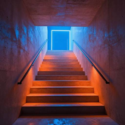 Photograph of a modern concrete staircase illuminated by vibrant orange and blue lights, ascending towards a bright blue rectangular window.