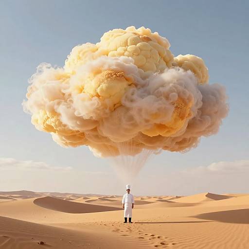 Photograph of a man in white robes standing in a desert, pulling a massive, billowing, orange and white cloud behind him. Clear blue sky