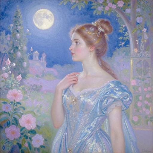 Digital painting of a fair-skinned, red-haired woman in a shimmering blue gown, gazing at a full moon under a starry night sky
