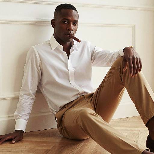 Photograph of a confident, dark-skinned man with short hair, wearing a white button-up shirt and beige pants, sitting on a wooden floor with