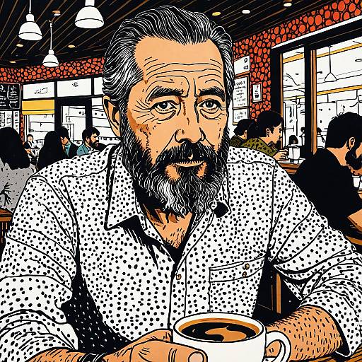 Bearded Middle-Aged Man in Coffee Shop Illustration