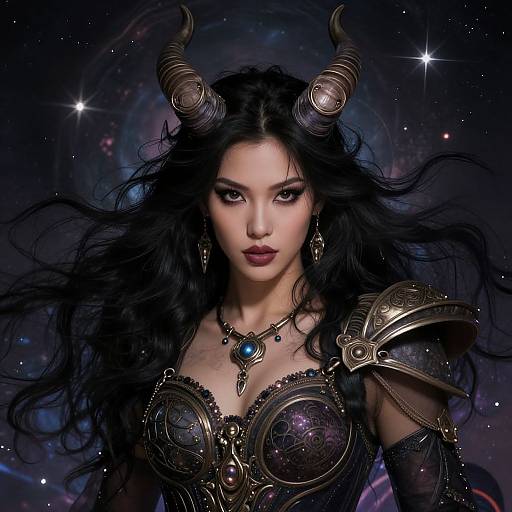 Digital artwork of a fierce, dark-haired demon woman with black horns, wearing ornate, starry armor and jewelry, set against a cosmic background.