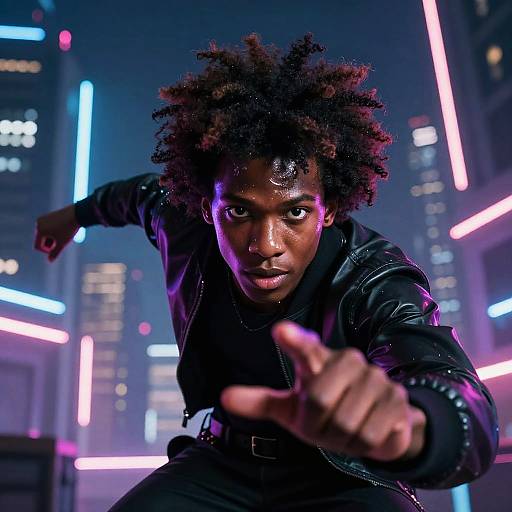 Photorealistic digital artwork of a determined Black woman with Afro, wearing a black leather jacket, pointing aggressively forward in a neon-lit, futuristic city