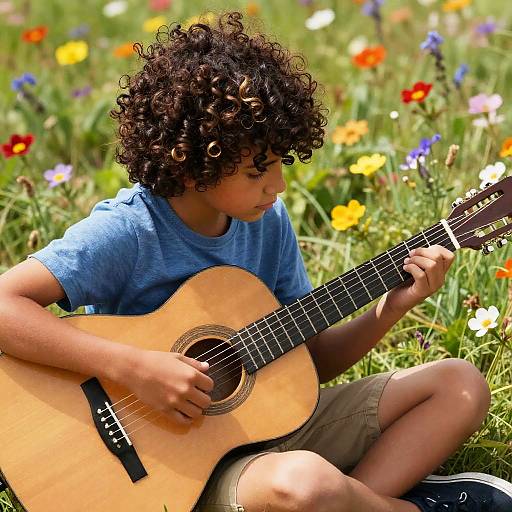 Hispanic Boys Learning Guitar Outdoors