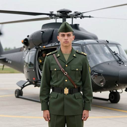 Young male soldier in dark green military uniform and cap, standing in front of a black helicopter on a tarmac. Photograph.