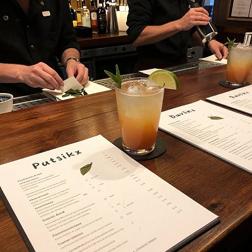 Photograph of two bartenders preparing drinks, with two iced cocktails garnished with lime and rosemary on a wooden bar, menus labeled 
