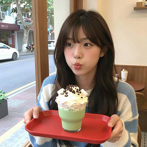 Asian Woman in Café with Dessert Tray