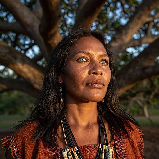 Photograph of a dark-skinned woman with glowing skin, blue eyes, and black hair, wearing a brown woven top and black beaded necklace,