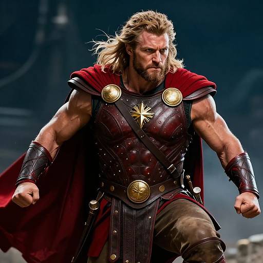 Photograph of a muscular, bearded man with long blond hair, wearing dark leather armor, gold star emblem, red cape, and brown pants,