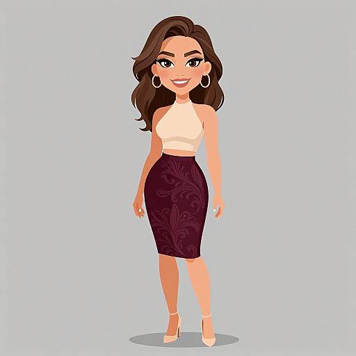 Digital illustration of a smiling woman with wavy brown hair, wearing a white sleeveless top, black floral skirt, hoop earrings, and beige heels,