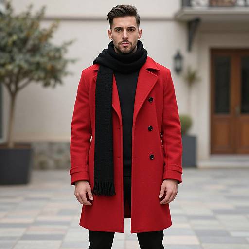 Photograph of a handsome man with dark hair and beard, wearing a bright red coat, black scarf, and black pants, standing on a tiled street