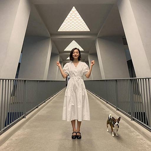 Woman in White Dress Standing in Geometric Hallway with Dog