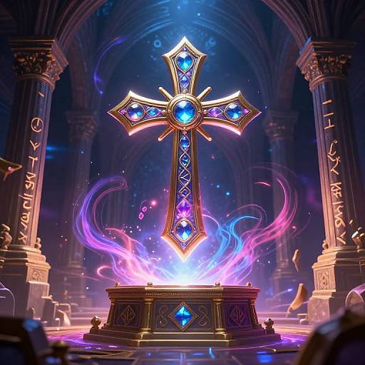 Digital artwork of a glowing, ornate cross with blue and purple gems, surrounded by vibrant, magical flames in a dark, gothic cathedral.