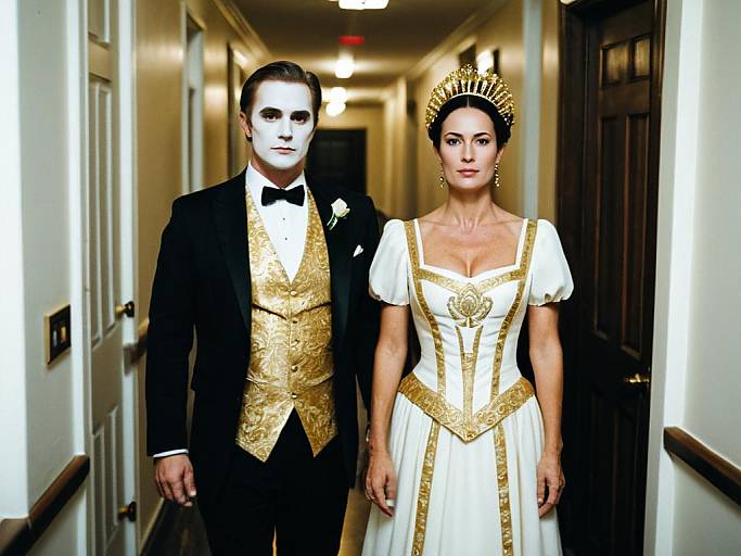 Photograph of a pale-skinned couple in formal attire; man in black tux with gold vest, woman in white dress with gold accents and crown