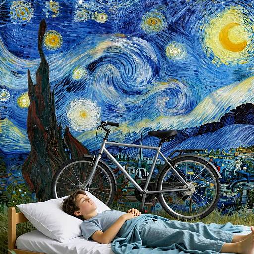 Father and Son in Whimsical Van Gogh Landscape