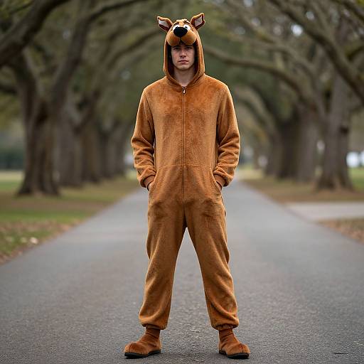 Photograph of a person standing on a tree-lined path in a brown Scooby-Doo costume with hood and dog ears.