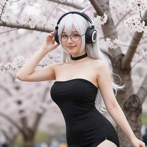 Woman in Black Strapless Dress with Cat Ear Headphones