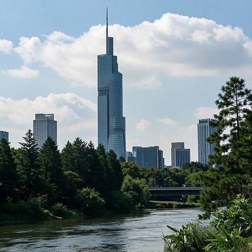 Photograph of Chicago skyline with Willis Tower, surrounded by trees and a river, under a bright blue sky with white clouds.
