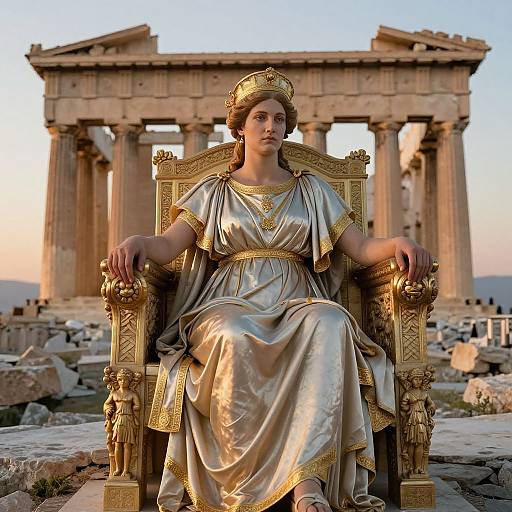Photograph of a fair-skinned woman with brown hair, wearing a silver and gold Greek-style gown and crown, seated on an ornate golden throne