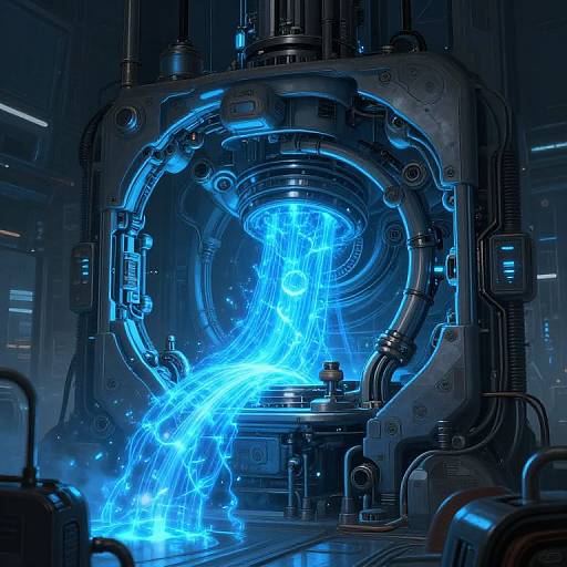 Digital artwork of a futuristic, dark metallic chamber with glowing blue energy flowing through a central, circular apparatus. Neon blue lights illuminate intricate machinery.