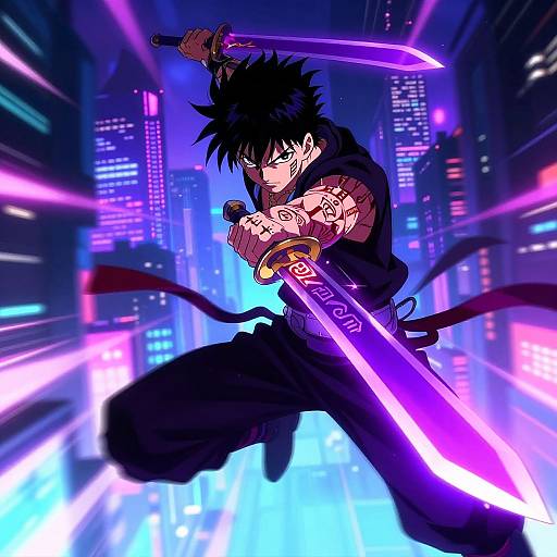 Digital anime artwork of a fierce, black-haired warrior with spiky hair, wielding a glowing purple sword in a neon-lit cityscape. Dynamic,