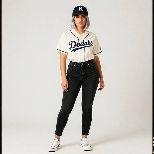Curvy Woman in Cream Baseball Jersey