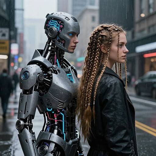 Photorealistic CGI image of a human with braided hair and a metallic cyborg standing in a rainy urban street.