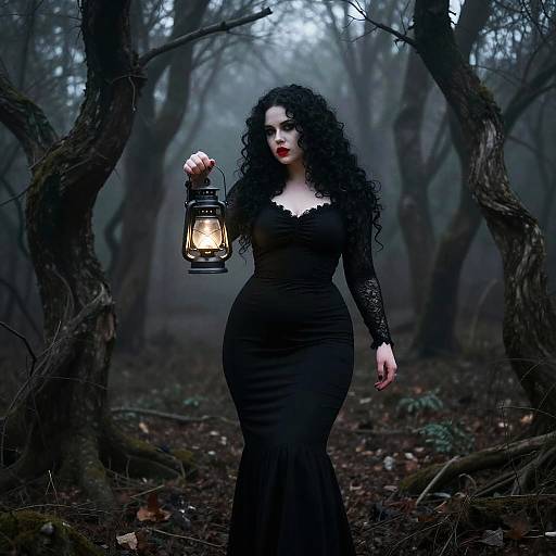 Curvy gothic woman with lantern in foggy forest