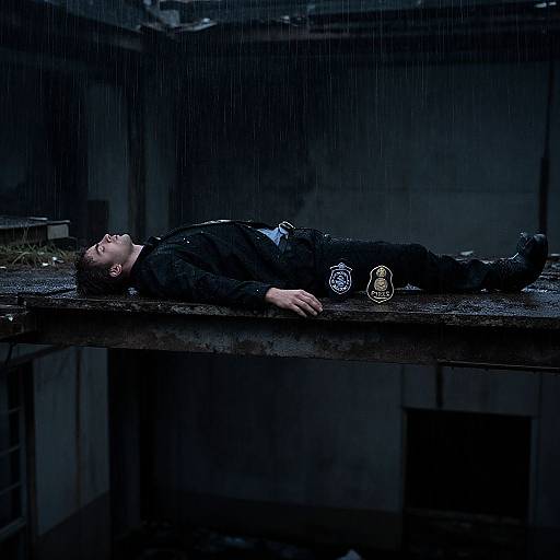 Photograph of a man in a dark uniform lying motionless on a wet, rain-slicked rooftop, illuminated by dim, blue lighting.