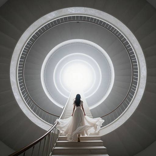 Photograph of a woman in a flowing white dress ascending a spiral staircase, centered in a bright circular window, creating a dramatic, futuristic composition.