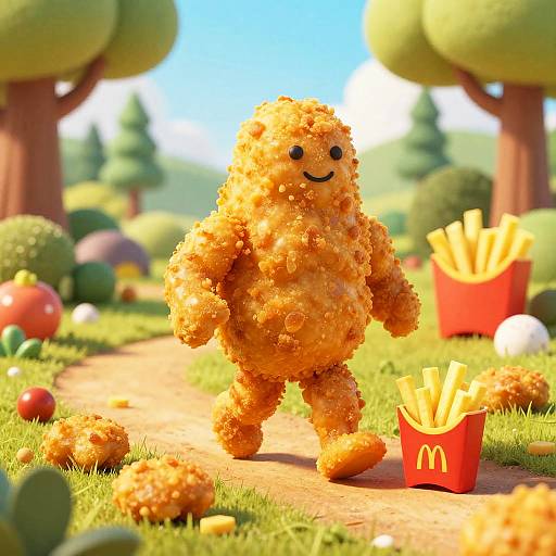CGI image of a cheerful, puffed-up, golden-brown, crumbly burger character with a smile, standing on a sunny, grass
