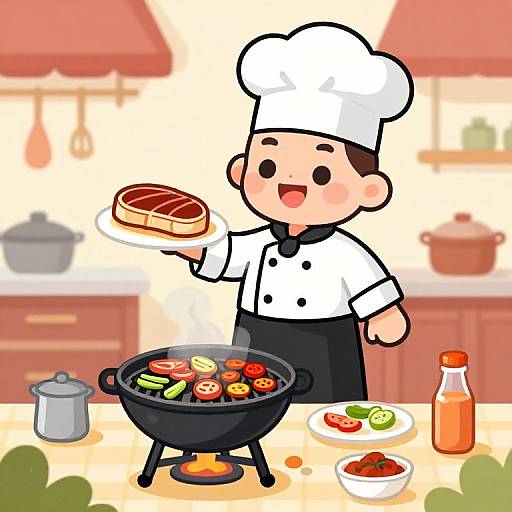 Cute Cartoon Chef Cooking BBQ