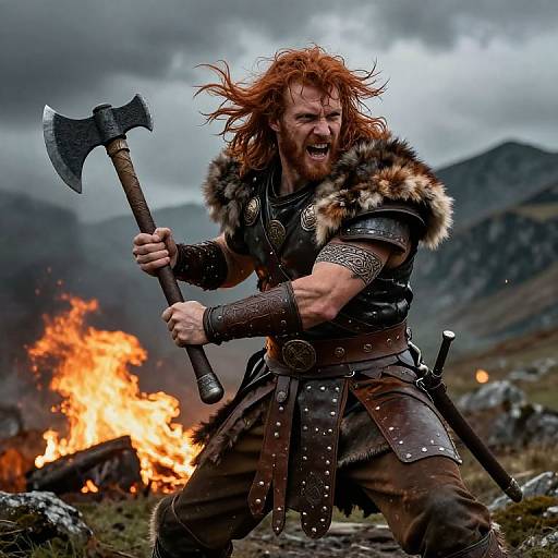 Photograph of a fierce, red-haired Viking warrior with fur-trimmed armor, wielding an axe, roaring amidst a blazing fire in a mountainous