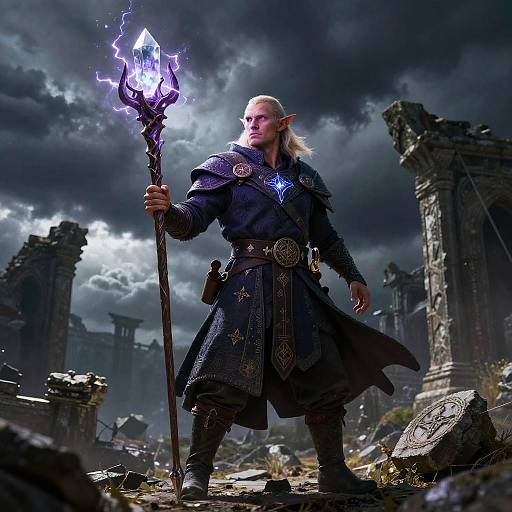 Digital artwork of a tall, muscular, blonde elf with pointed ears, holding a glowing purple crystal staff, standing in a ruined, stormy castle.