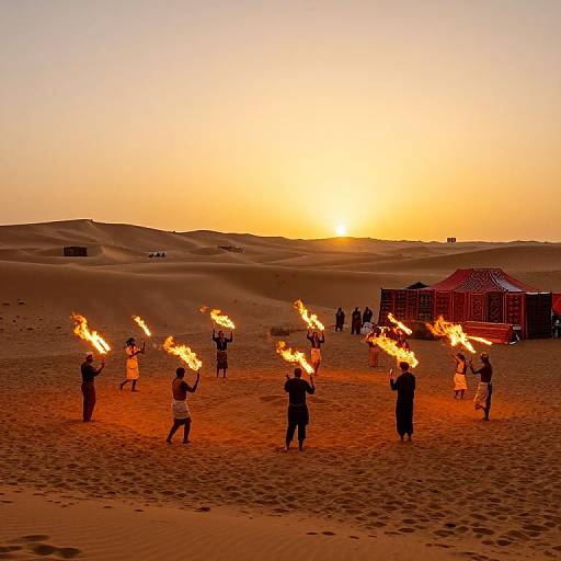 Photograph of a desert sunset with silhouetted performers holding flaming torches, standing around a red-roofed building, against rolling sand d